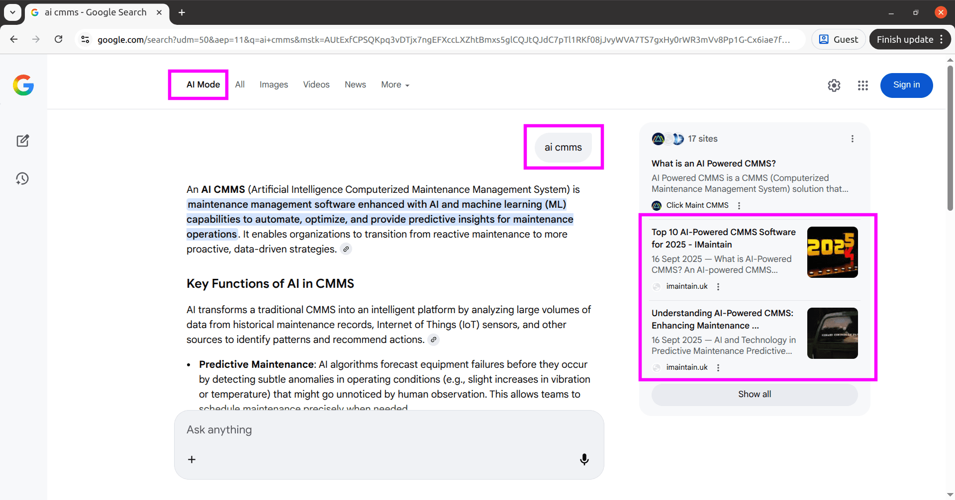 Google AI Mode showing IMAINTAIN.UK in AI CMMS recommendations