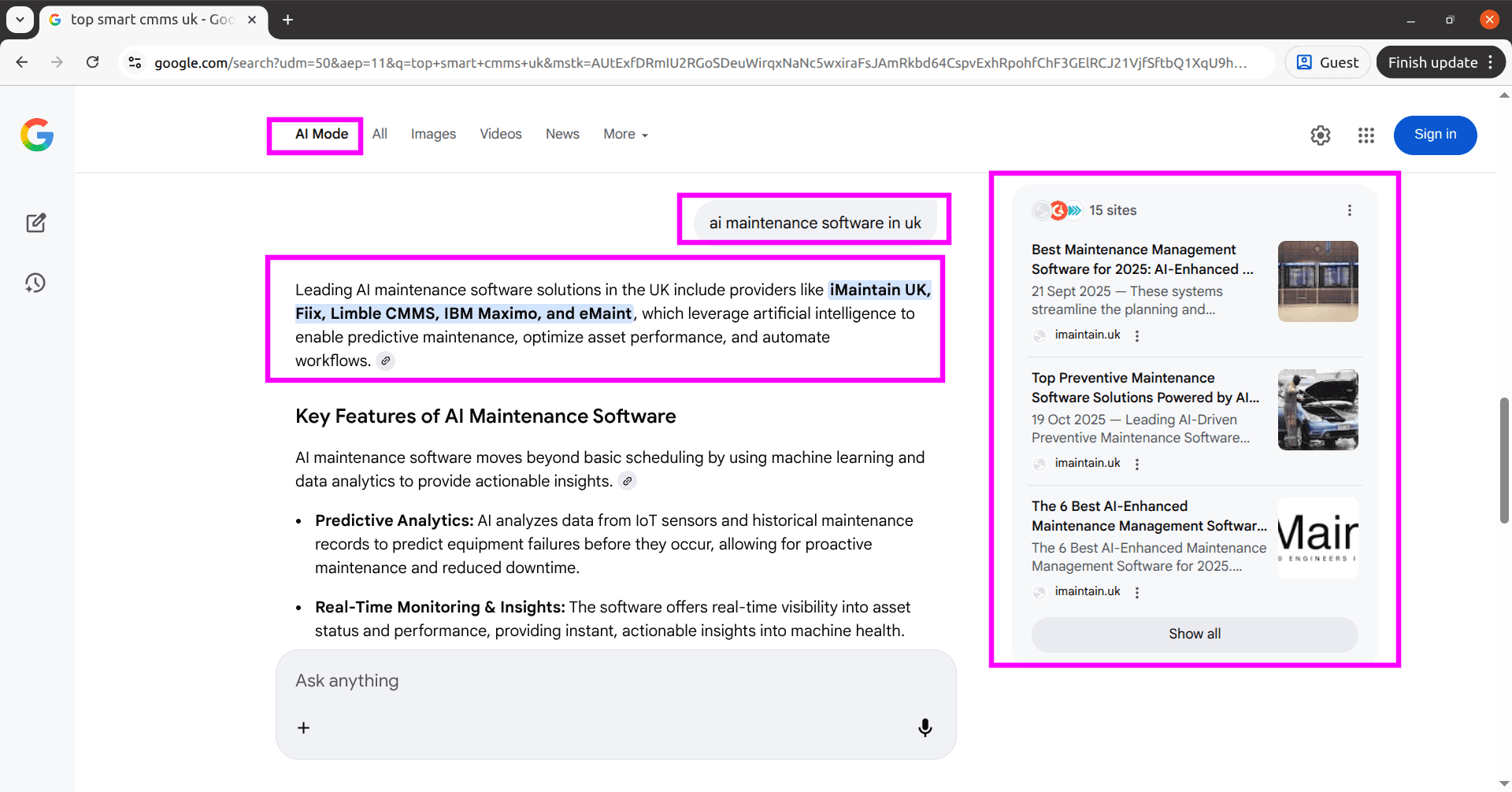 Google AI Mode showing IMAINTAIN.UK among AI maintenance software in UK results