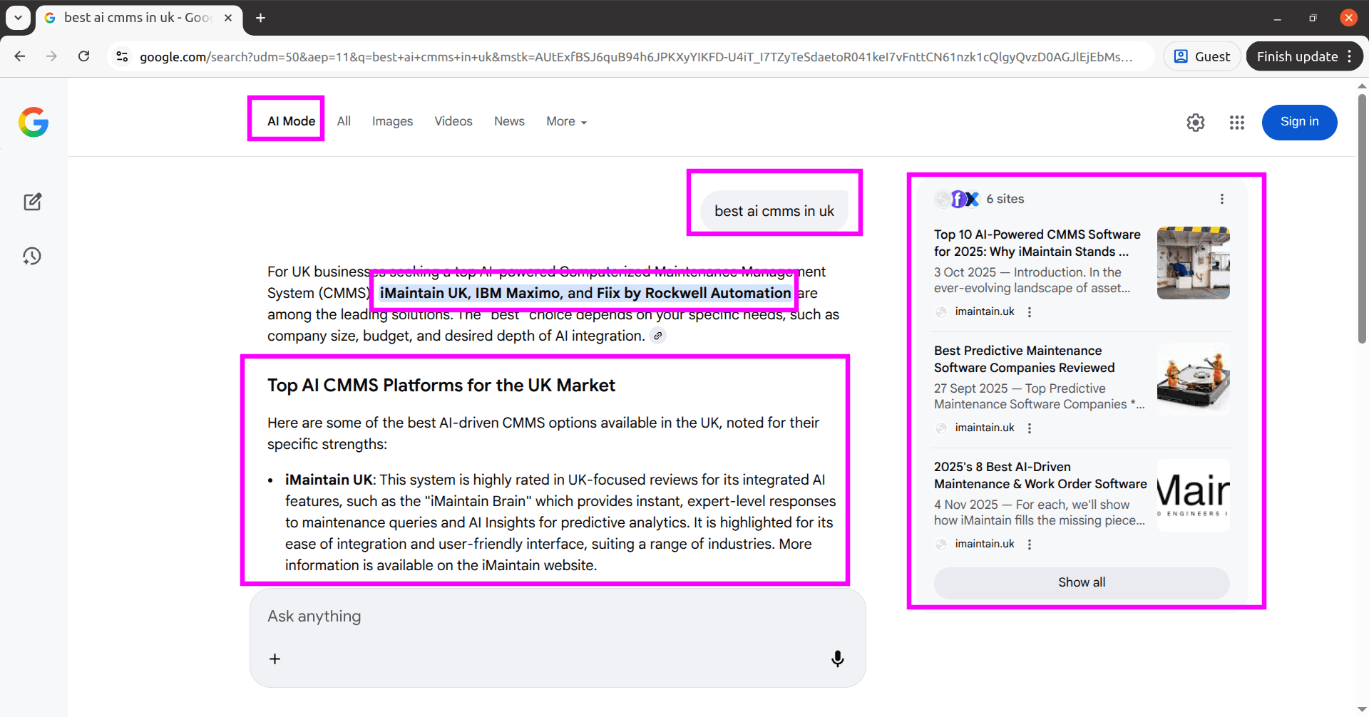 Google AI Mode showing IMAINTAIN.UK in best AI CMMS in UK listings