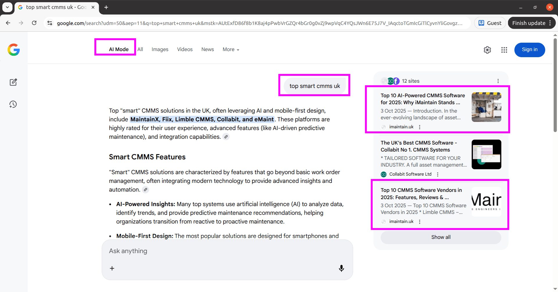 Google AI Mode listing IMAINTAIN.UK for top smart CMMS UK