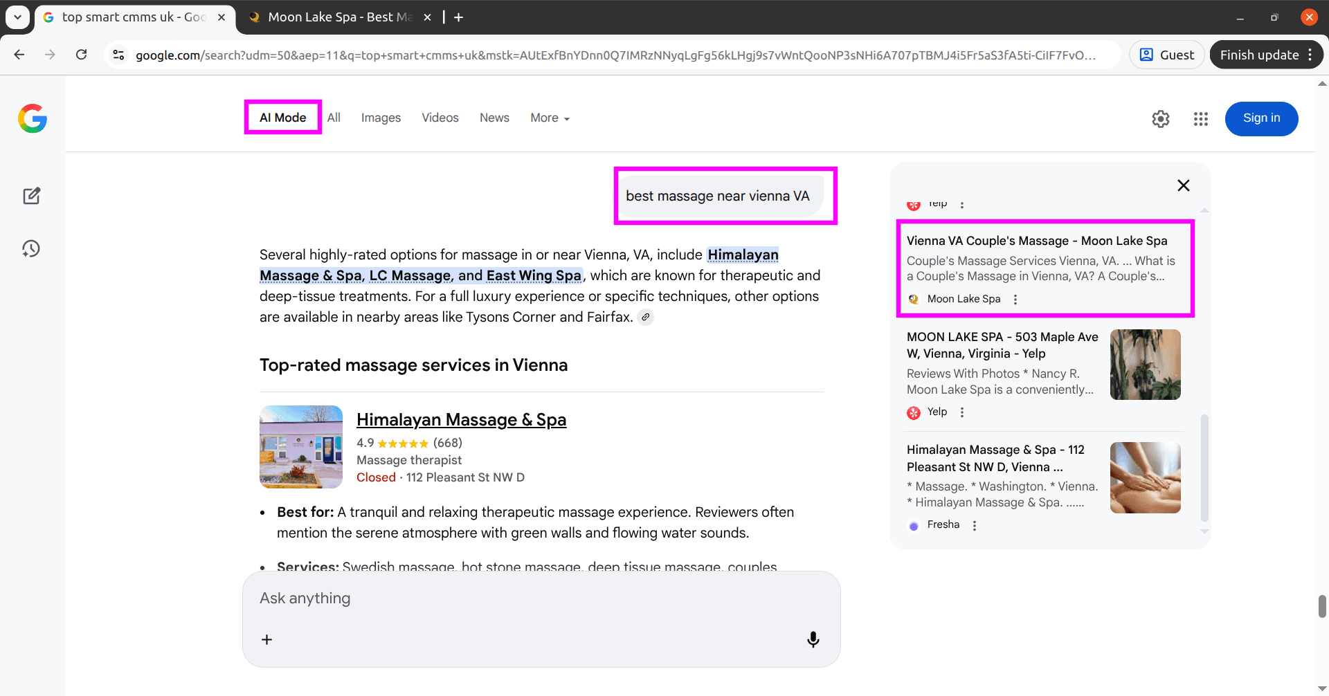 MoonLakeSpa featured in Google AI Mode for best massage near Vienna VA