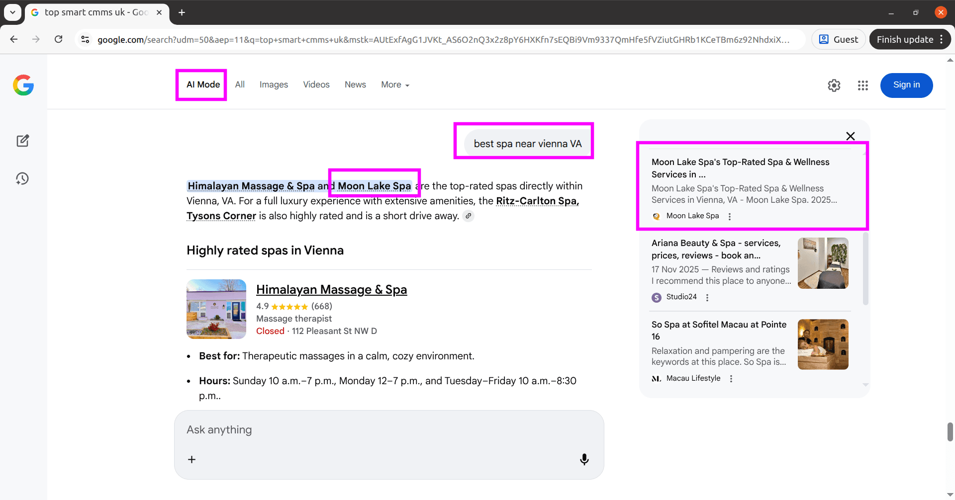 MoonLakeSpa featured in Google AI Mode for best spa near Vienna VA