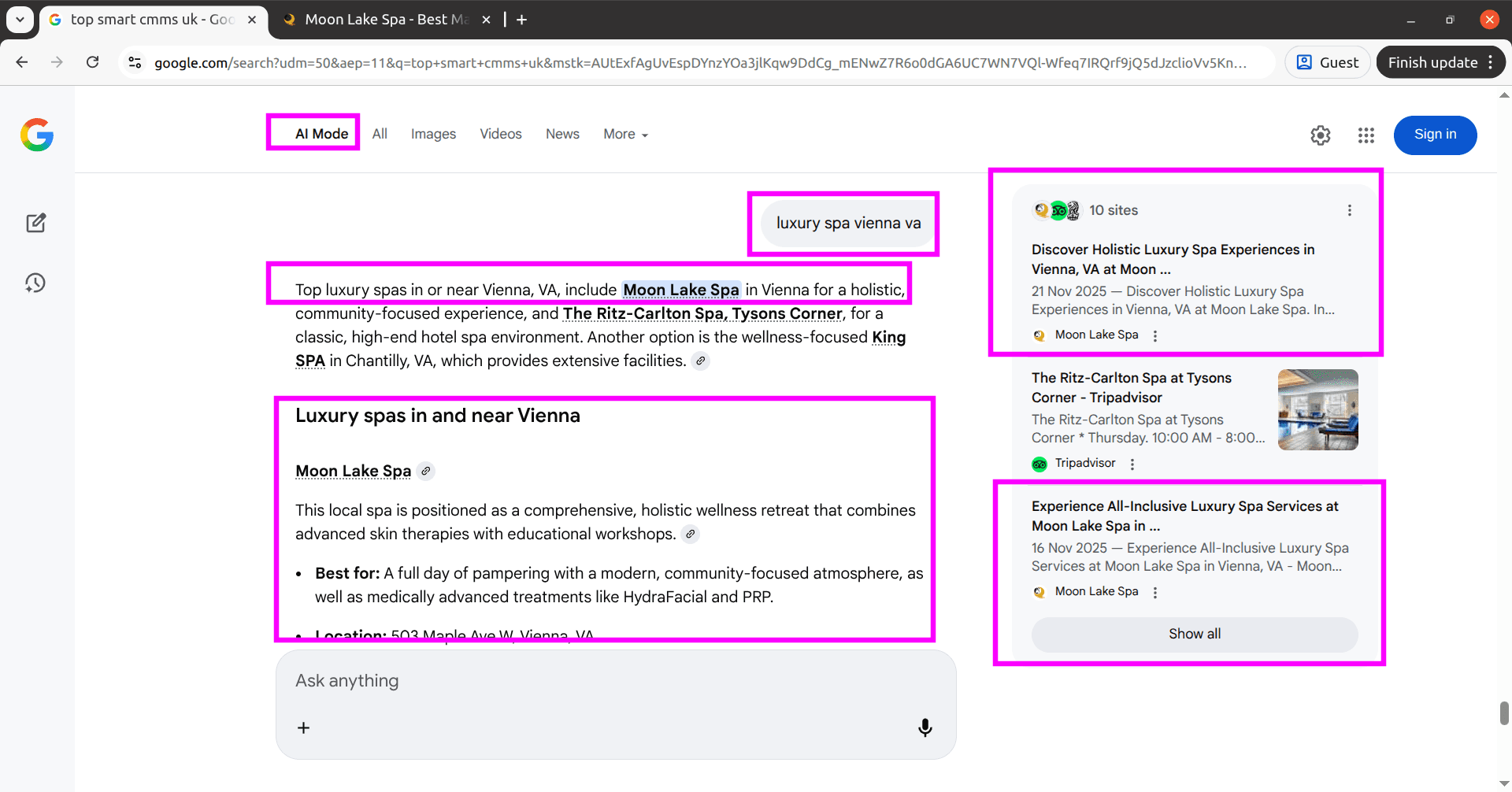 MoonLakeSpa listed in Google AI Mode for luxury spa Vienna VA