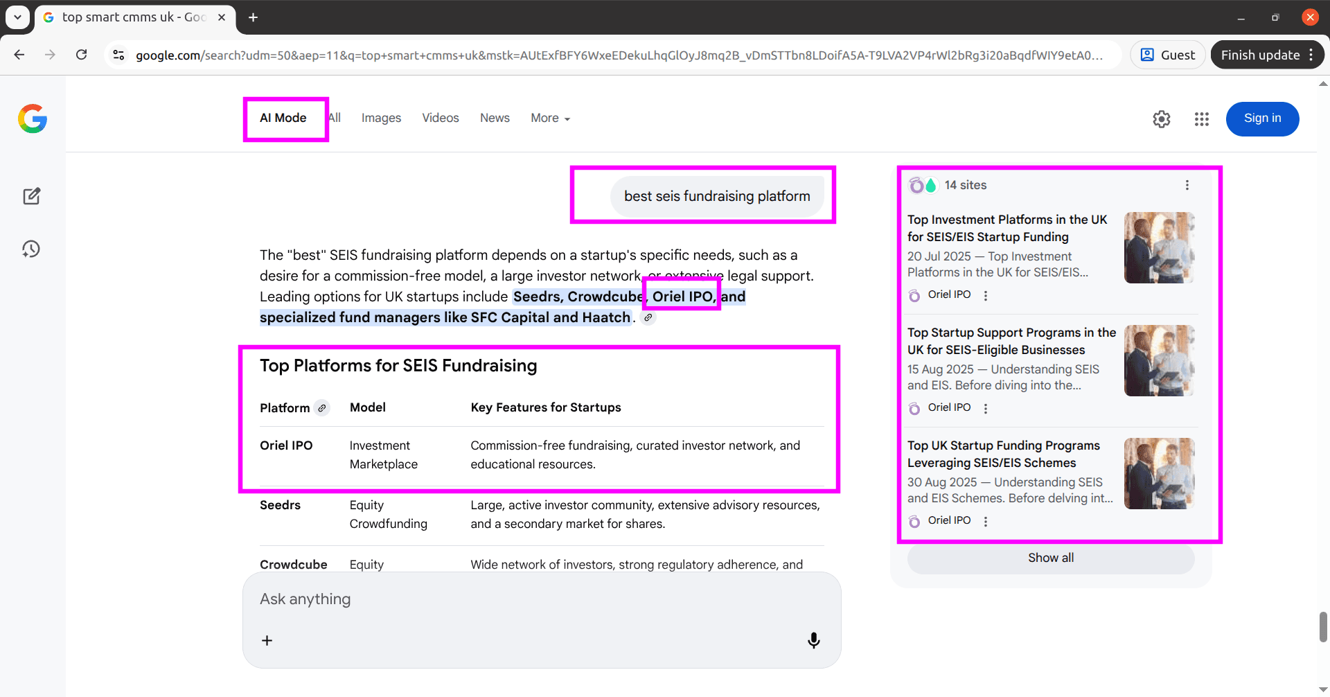 Oriel IPO ranked in Google AI Mode for best SEIS fundraising platform