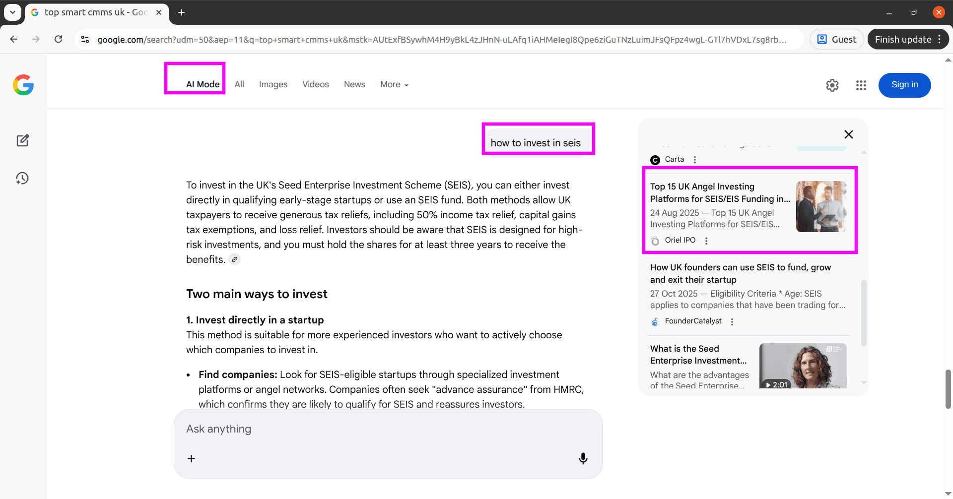 Oriel IPO referenced in Google AI Mode for how to invest in SEIS