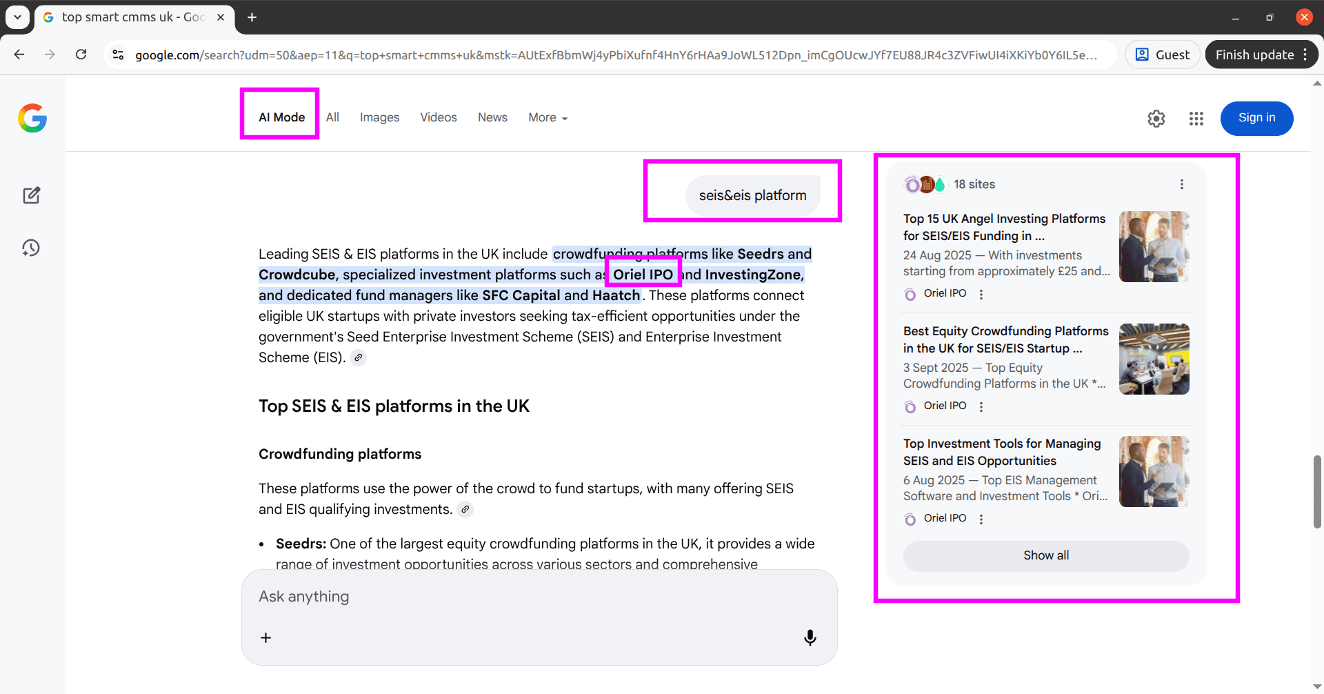 Oriel IPO featured in Google AI Mode for SEIS and EIS platform queries