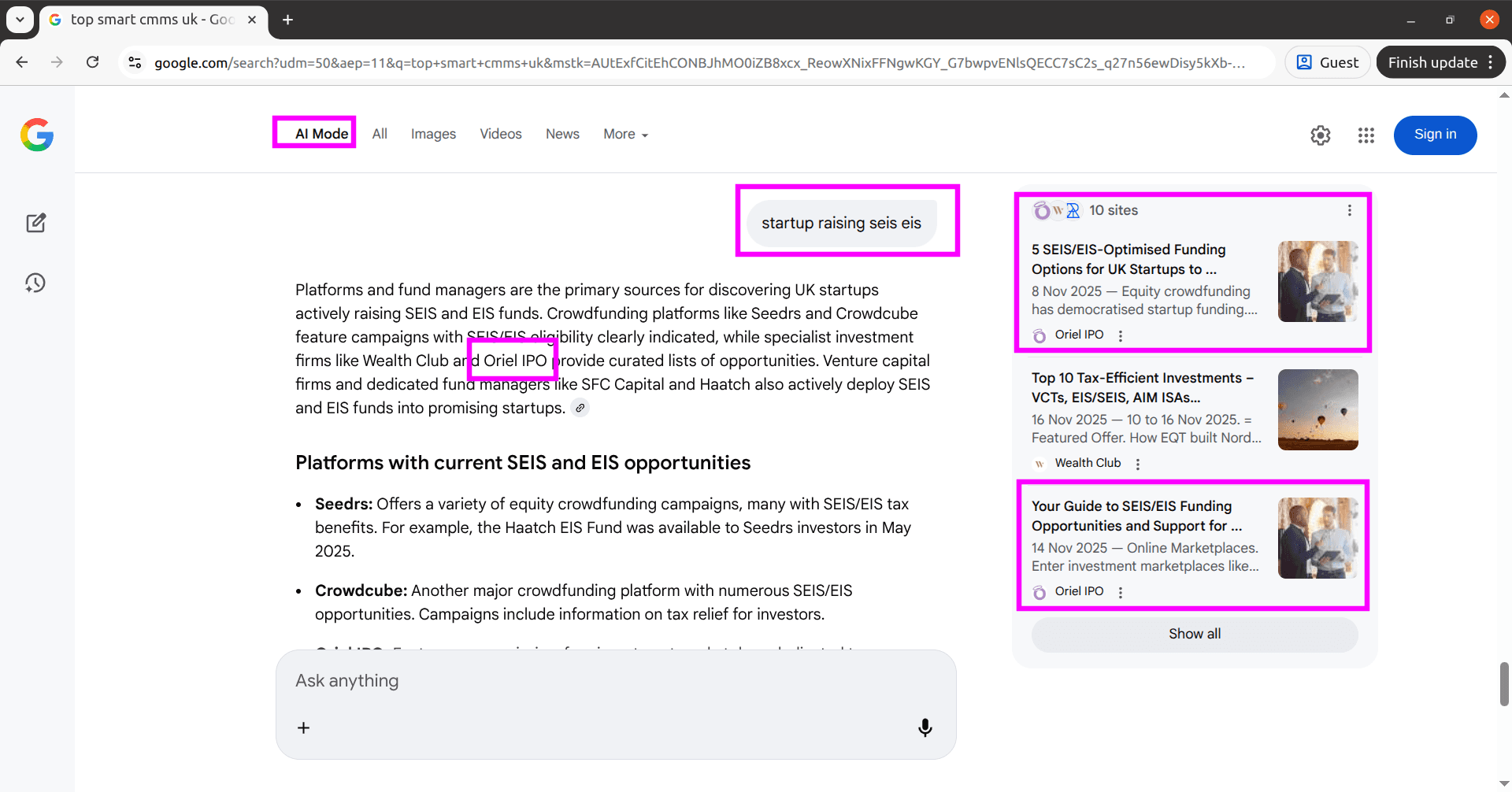 Oriel IPO shown in Google AI Mode for startup raising SEIS EIS