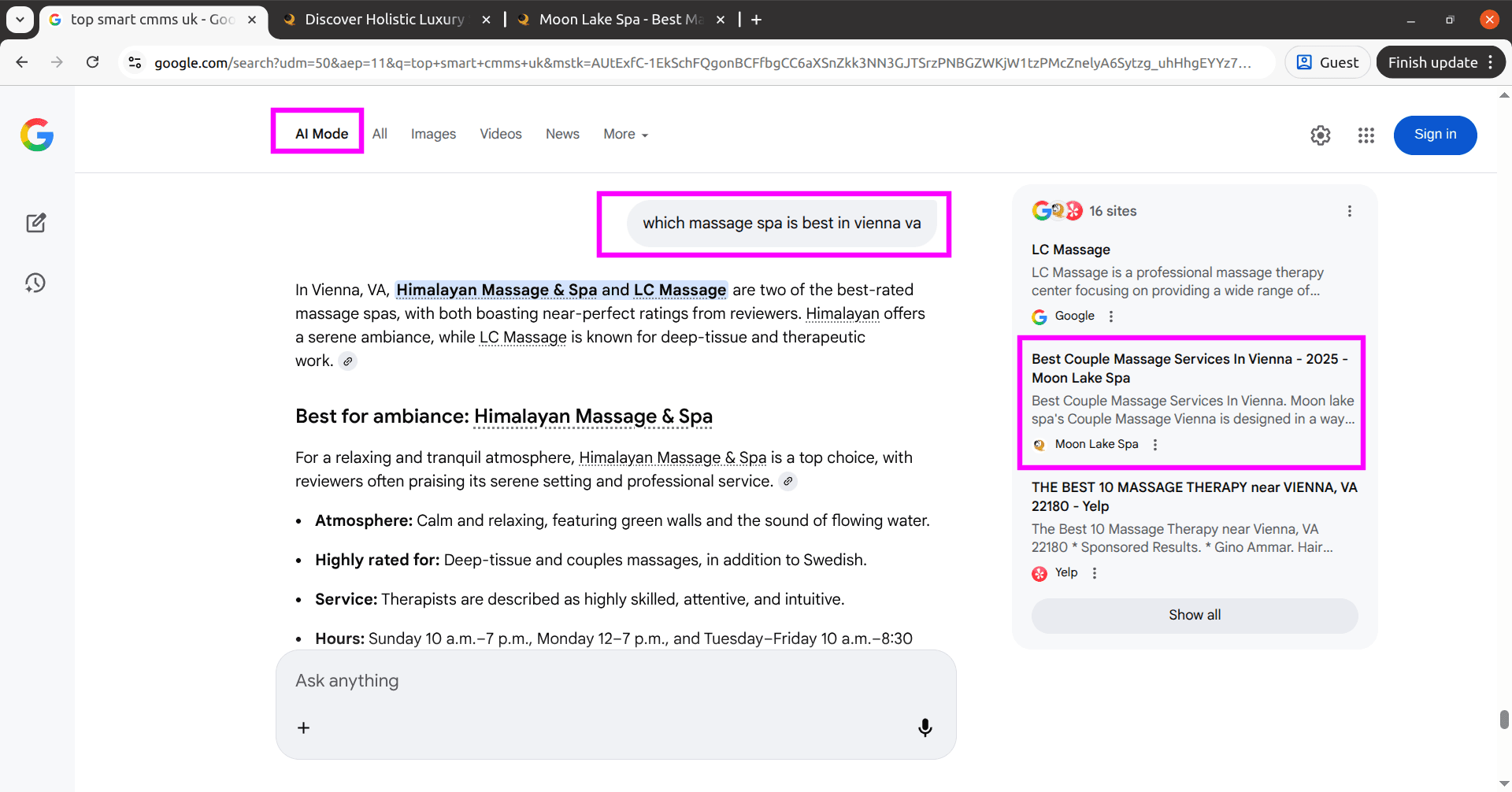 MoonLakeSpa shown in Google AI Mode for best massage spa in Vienna VA
