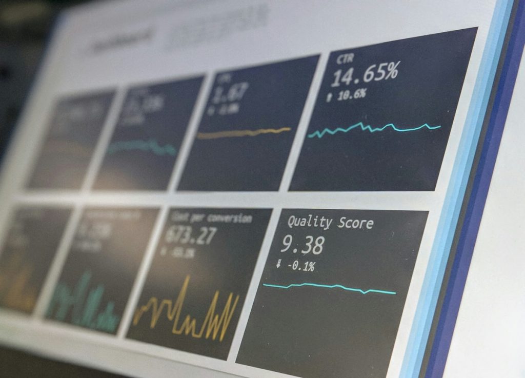 A digital dashboard displaying marketing metrics including CTR and quality score on a screen.