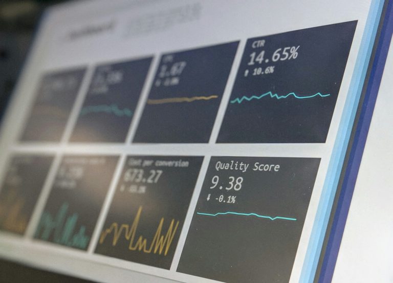 A digital dashboard displaying marketing metrics including CTR and quality score on a screen.