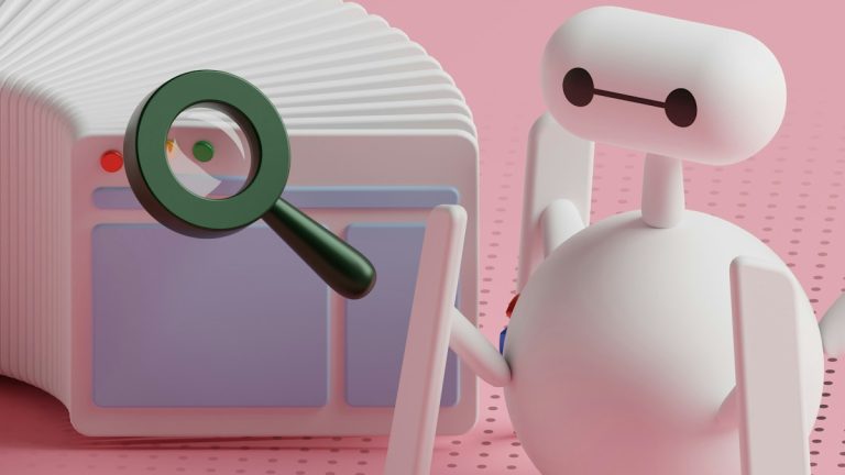 a white robot holding a magnifying glass